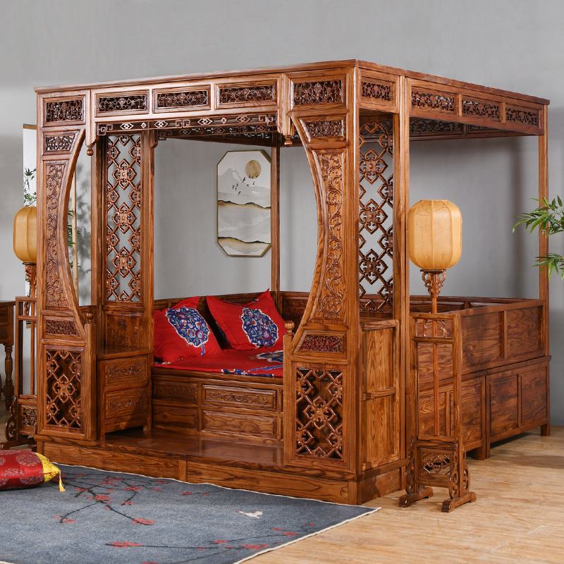 All-Solid Wood Frame Bed, Antique-Style Classical Southern Elm Moon-Shaped Double Bed with Intricate Carving, New Chinese-Style Step Bed All-Solid Wood Frame Bed, Antique-Style Classical Southern Elm Moon-Shaped Double Bed with Intricate Carving, New Chinese-Style Step Bed