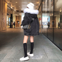 2021 Winter new Korean version of long cotton coat loose real hair big hair collar plus velvet thick denim coat women tide