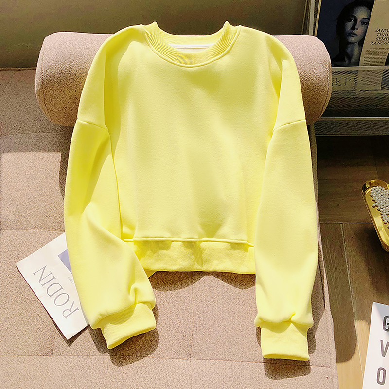 Salt-Colored Lemon Yellow Petite Pullover Sweatshirt for Women, Autumn and Winter, Fleece-Lined, 2026 New Short Style, High-Waisted, Round-Neck Sweatshirt, Trendy