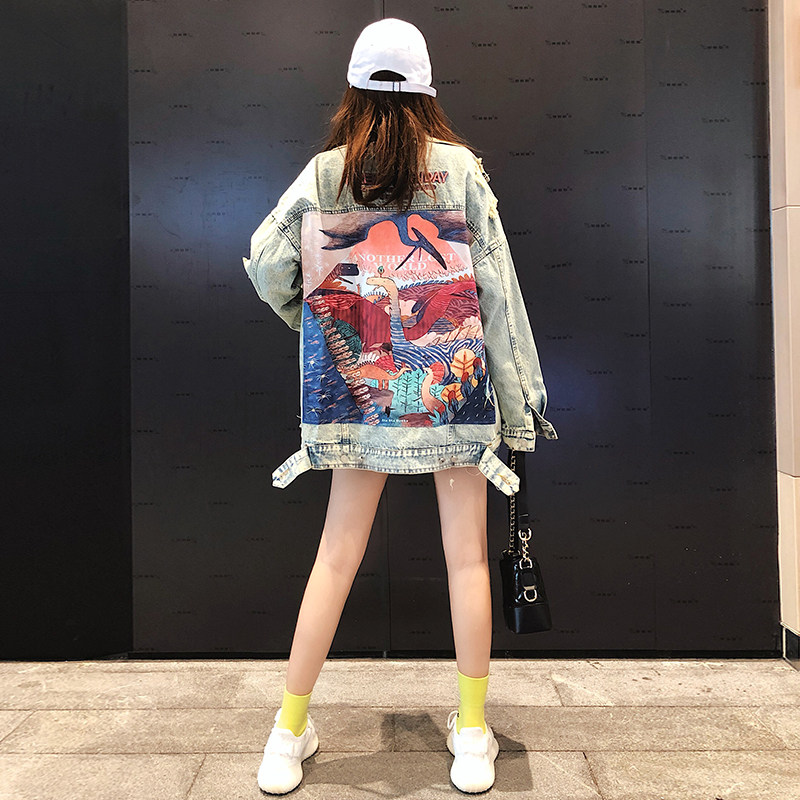 2022 Spring Autumn Season New Port Taste bf original Cebu Smell Cartoon Pattern Breaking Hole Easy To Wash Old Denim Jacket Woman