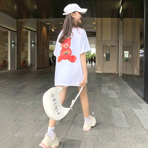 Short sleeve T-shirt female 2021 summer New loose creative print cartoon bear long top casual versatile
