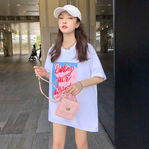 Summer new short-sleeved T-shirt female 2021 Korean version of loose creative printing letter long undergarment missing top t