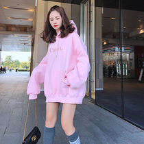 2021 autumn and winter New Korean version of loose embroidery letters pink Harajuku wind medium long thick plus velvet sweater women tide
