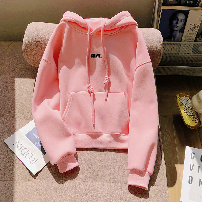 Korean-Style Pink Fleece-Lined Letter Print Short Sweatshirt for Women, 2026 New Autumn and Winter Lazy Style Petite Hoodie Top