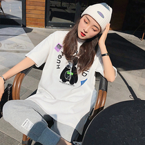 White short sleeve T-shirt female 2021 summer new Korean loose round neck letter embroidery heavy industry long top