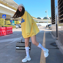 2021 autumn and winter New Korean version of the long style college style loose pullover letter plus velvet sweater female lazy top