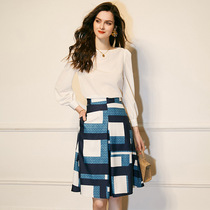 MAJE KARA2021 spring new French round neck Chiffon shirt contrast plaid skirt two-piece suit