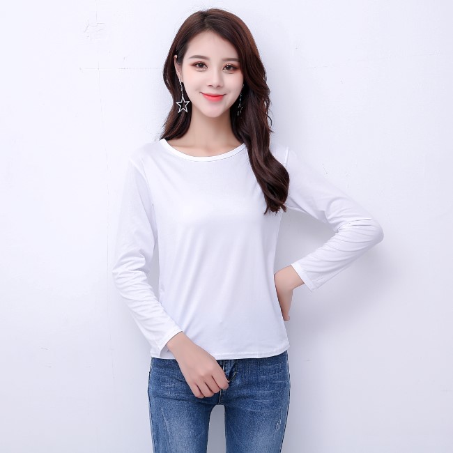 Simple autumn and winter wear with pure white T-shirt women's long sleeve round neck slim bottoming shirt