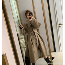 LIN CHAO ZHANG Retro British style custom buckle A-swing slit belt wool coat female 2 versions optional