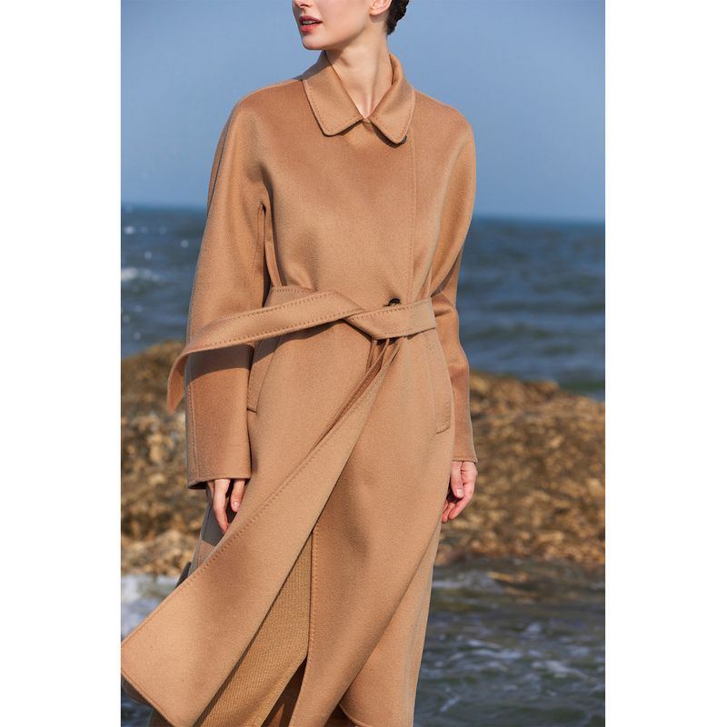Zhirong | Store's Flagship 14.5μm Grade Camel-Colored 100% Pure Cashmere High-End Double-Sided Long Coat for Women, Winter Outerwear