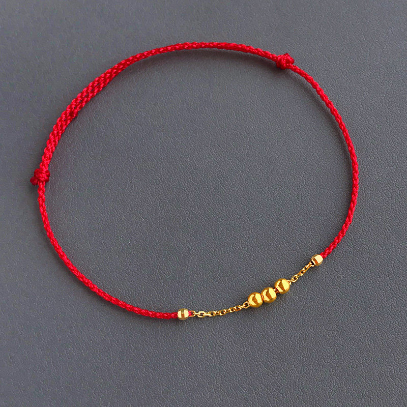 The year of the life is extremely fine red rope bracelet female gold foot gold gold bead 18K cut gold bead chain hand weaving