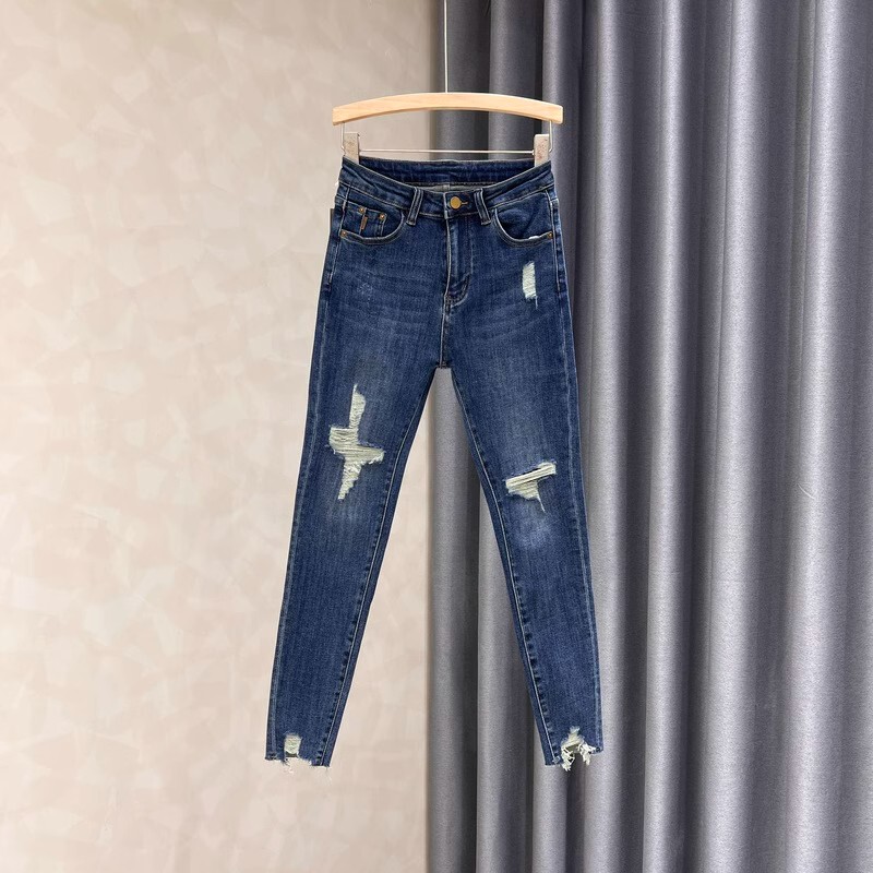 Spring and Autumn New Style Dark Blue Ripped Mid-High Waist Skinny Jeans for Women, Super Slimming, Tight-Fitting, Cropped, Stretchy, Frayed Hem, Skinny Pants