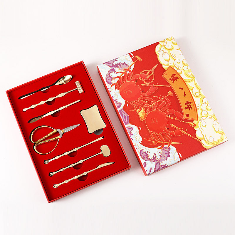 Eating Crab Tools Stainless Steel Gilded Crab Eight Pieces Gift Boxes Crab Pincers Crab Cut Crab Needles Exfoliating Crab Divine Instrumental Mid Autumn Gift