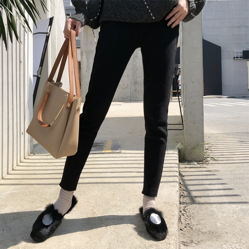 Li Dami Đàn hồi cao màu đen cộng với quần jean nhung nữ cao eo mùa đông co giãn dày ấm áp Quần dài mùa đông mỏng đồ nữ đẹp