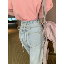 Li rice strap jeans retro high waist design sense straight tube jeans women loose wide legs 2021 New