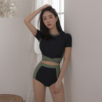 Big fishing swimsuit conservative slim belly thin short sleeve sunscreen high waist split two-piece swimsuit women