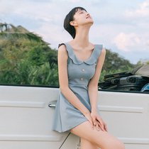 Big fishing swimsuit simple fresh lapel girl Conservative belly thin skirt two-piece one-piece swimsuit women
