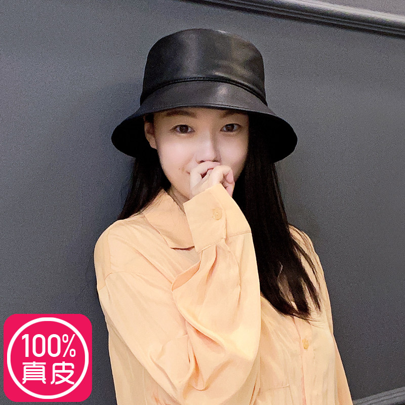 Genuine leather fisherman hat high-end New Zealand sheepskin small lambskin small pot hat women's 2021 autumn new ins wind