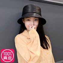 Leather hat fisherman hat high-end New Zealand sheep leather lambskin small basin hat womens winter 2021 Wild