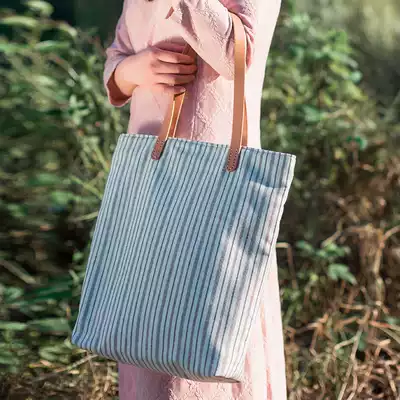Original niche canvas bag women's shoulder literary small fresh forest students simple all-match striped cotton and linen bag