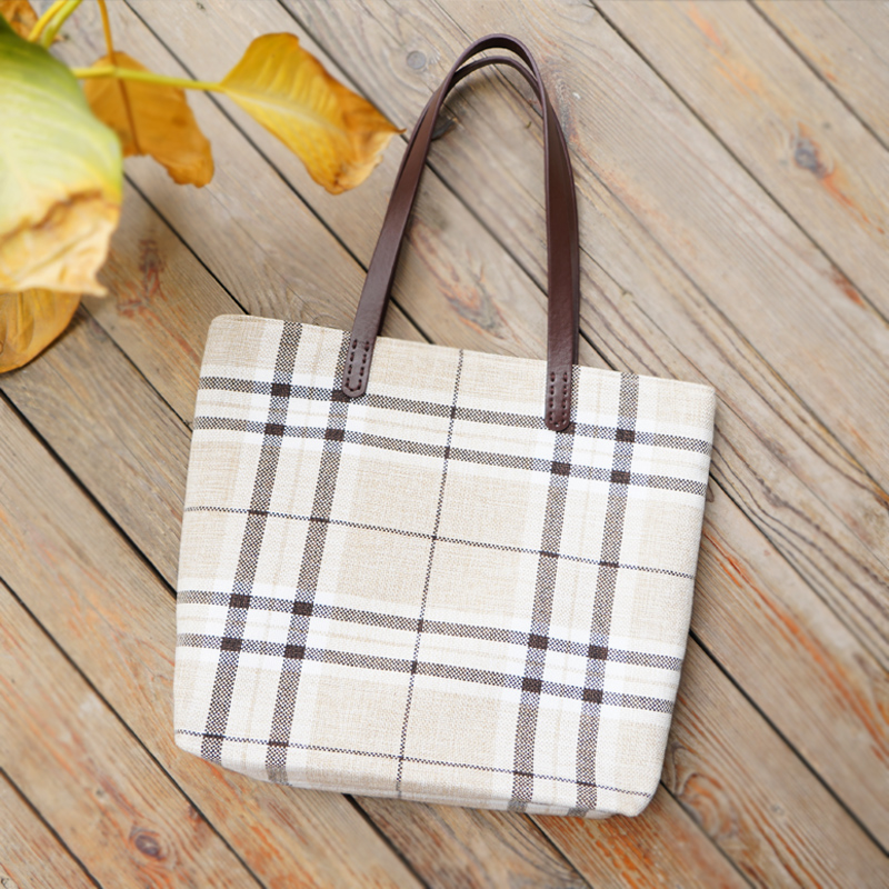 Original manual design cotton linen cloth bag women's large capacity Joker classic plaid student tote canvas shoulder bag