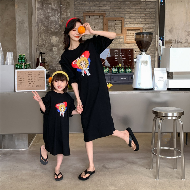 Fried Street Parent-child Wear Summer Trendy Yang Mi Star Beautiful Girl Printed T-shirt Skirt Loose Short Sleeve Mother Women's Casual Dress