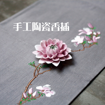  Kung Fu Tao peony incense insert Chaozhou handmade ceramic Floral incense holder Tea pet decoration line incense burner lying incense holder