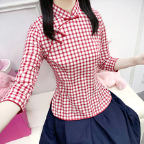 Plaid Tang dress top Cheongsam top improved fashion short Chinese style slim thin Hanfu autumn Chinese women