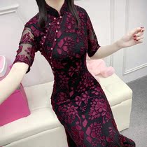 Lanting cheongsam 2019 New middle-aged cheongsam skirt Long plus fat plus sleeve mom dress cheongsam dress