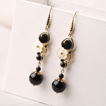 Long Super Fairy earrings retro ethnic earrings black agate personality earrings thin face accessories ear clip female