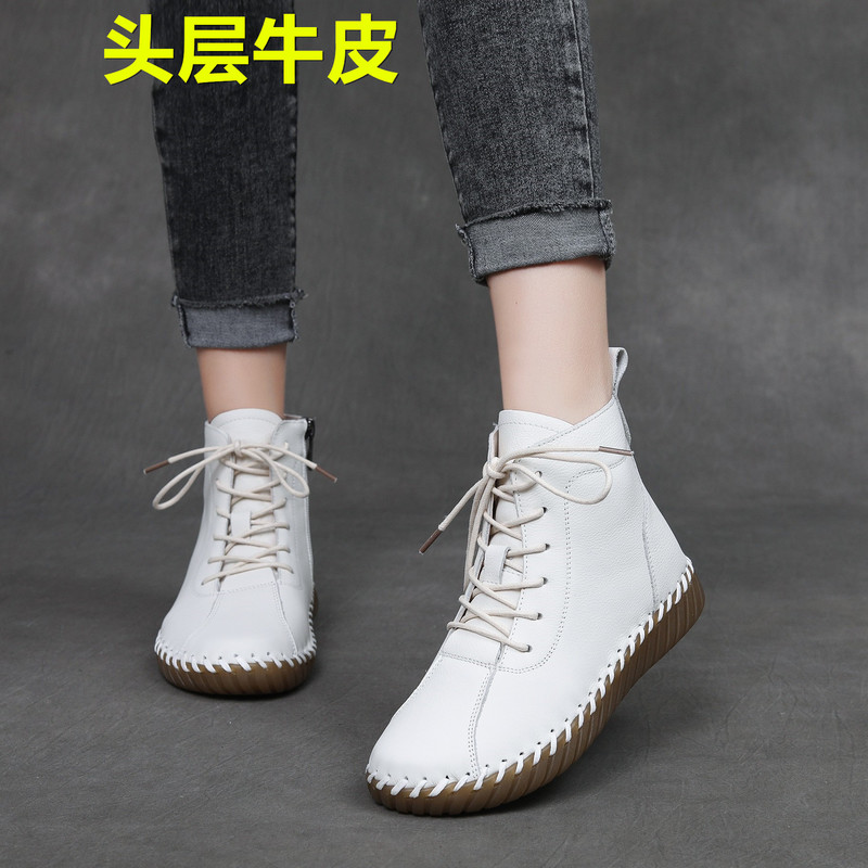 Short Boots, Genuine Leather Women's Shoes, White Flat-Soled Boots, Soft-Soled Casual Mom's Soft-Soled Fleece-Lined Winter Non-Slip Leather Shoes