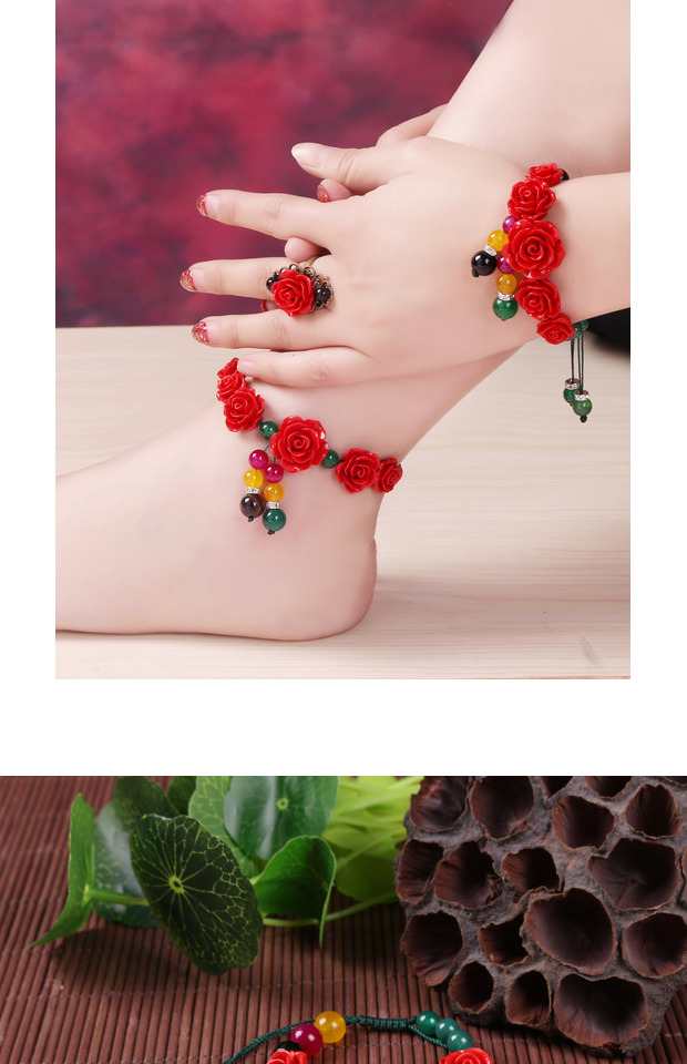 Đen tuyết chuông mã não vòng tay vòng chân Palace gió quốc gia cổ sexy đồ trang sức handmade mắt cá chân Cinnabar đơn giản Peach lừa lắc chân bạc