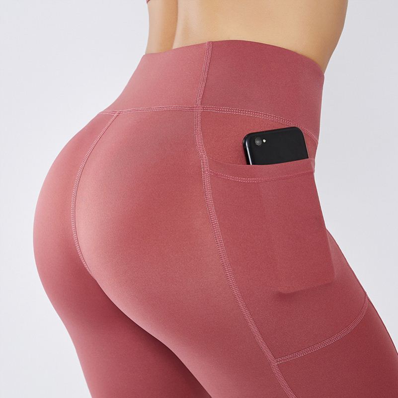 Cross-border stitching pocket yoga pants double-sided nylon high elastic tight sports high waist fitness pants women's thin summer