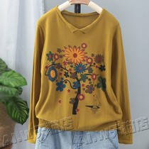 Clearance cotton line small sweater spring new sweater top pullover long sleeve v-neck print casual loose