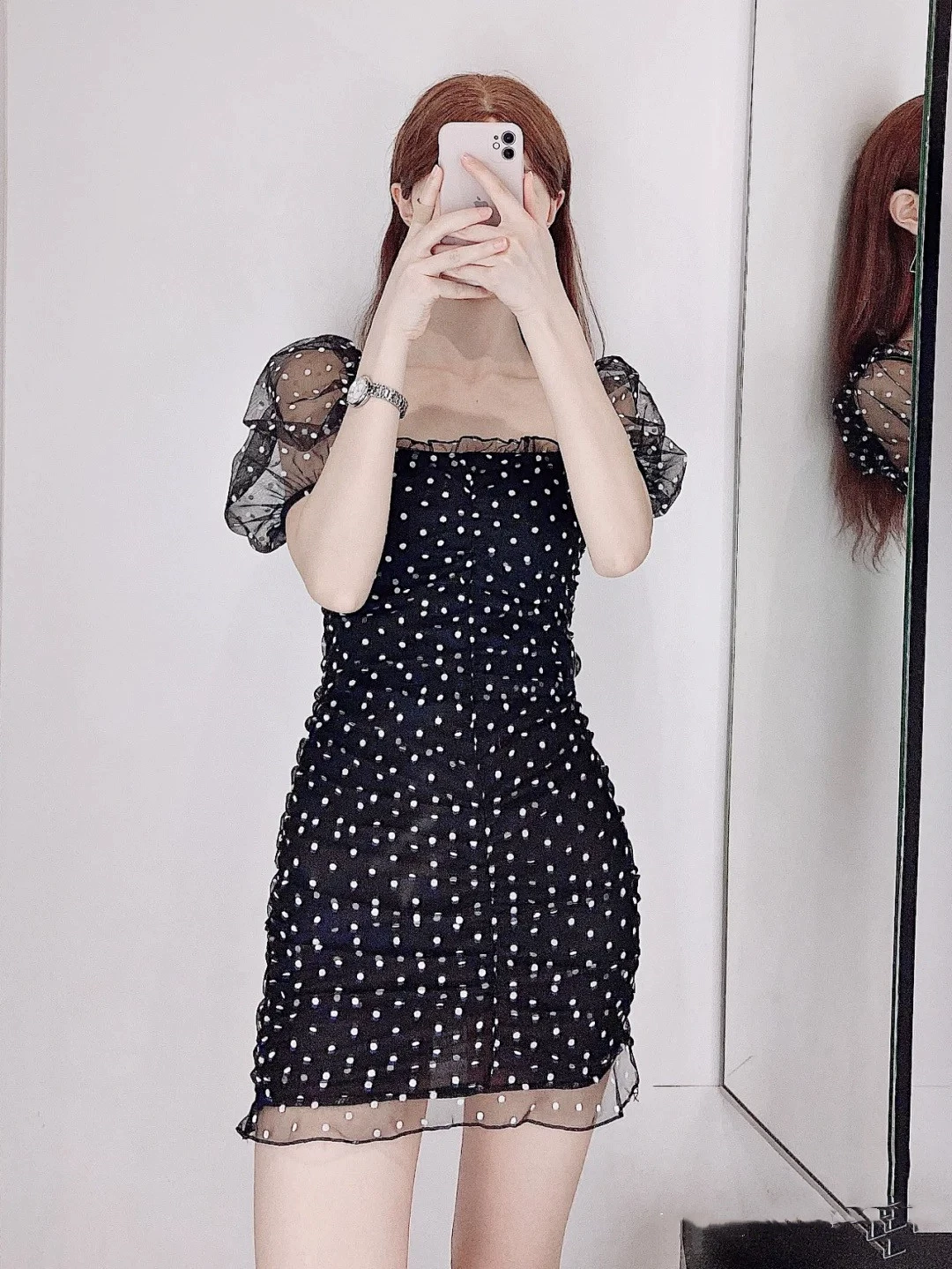 POLIN HM polka Dot Slim Dress Phụ nữ Puff tay áo Retro Frosty xếp li Váy ngắn 0898437 - váy đầm