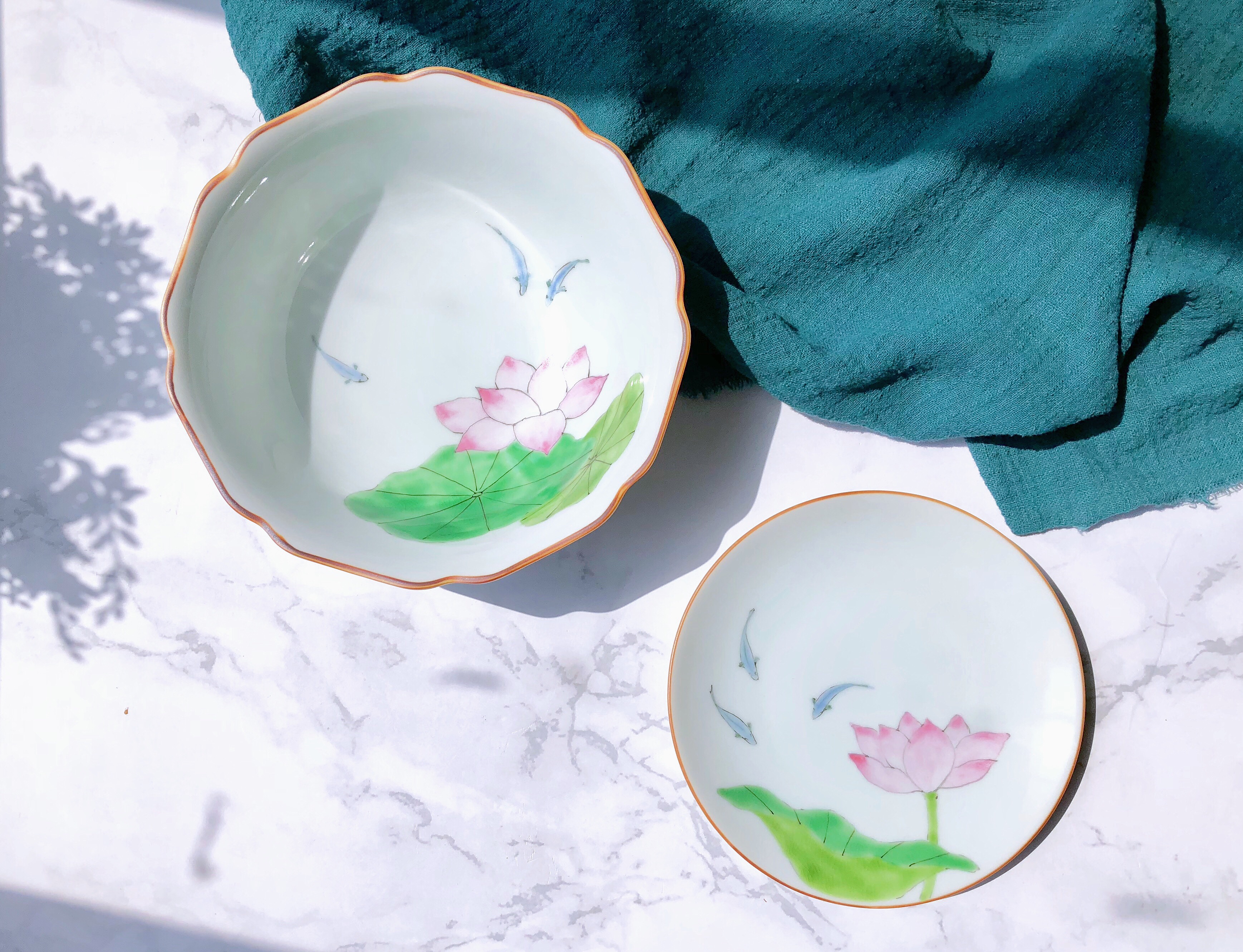 Japan imported Kutani-yaki writer hand-painted lotus picture plate Large bowl Japanese ceramic tableware tableware plate