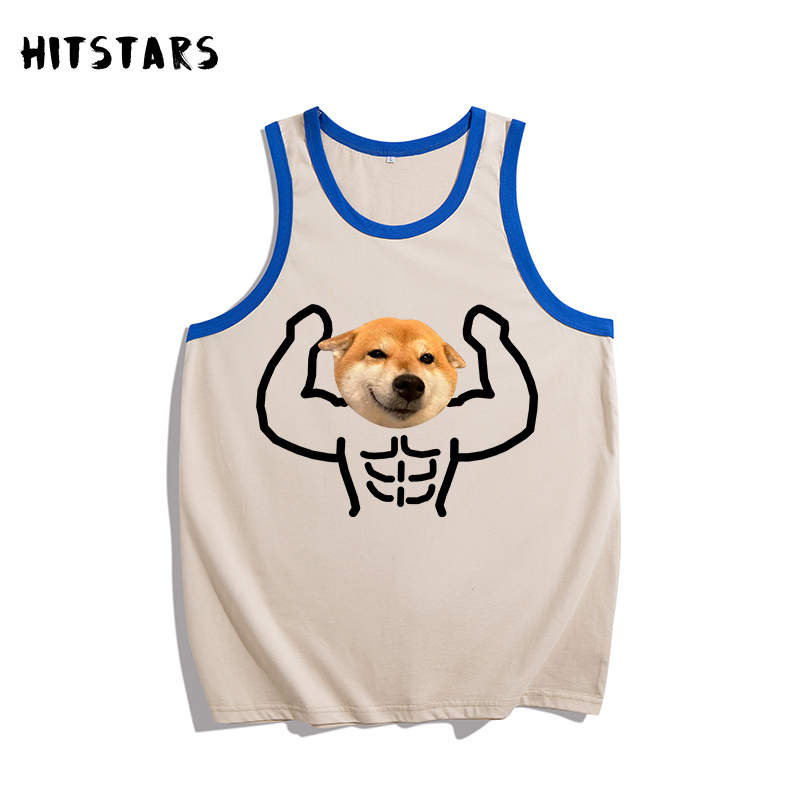 Trendy Chinese Style Muscle Line Dog Cotton Tank Top for Men and Women, Loose Fit for Fitness, Summer Shiba Inu Funny Shirt, White