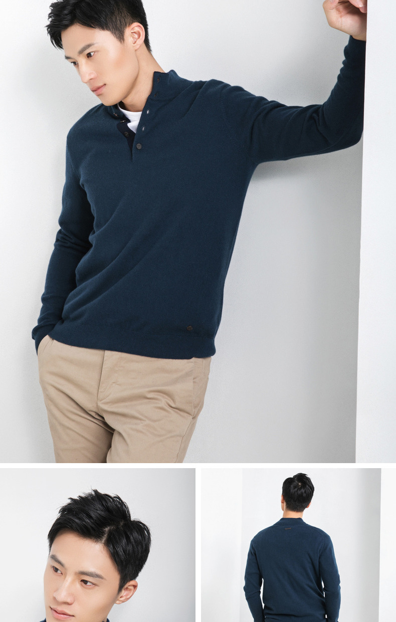 Ordos 18 mùa thu và mùa đông mới màu rắn nửa cổ cao khóa áo len nam cashmere áo gile nam