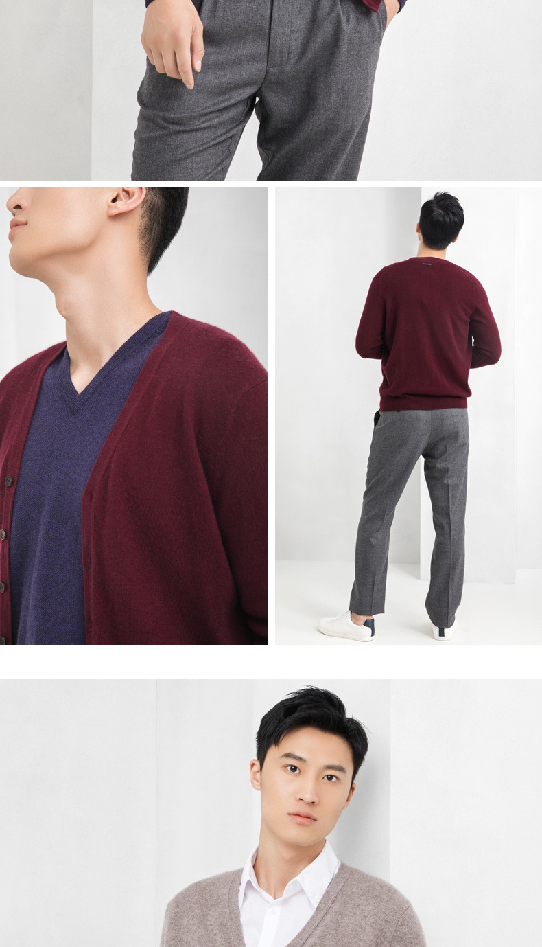 Ordos 18 mùa thu và mùa đông mới màu rắn nền hoang dã V-cổ nam dệt kim cashmere bộ nỉ nam