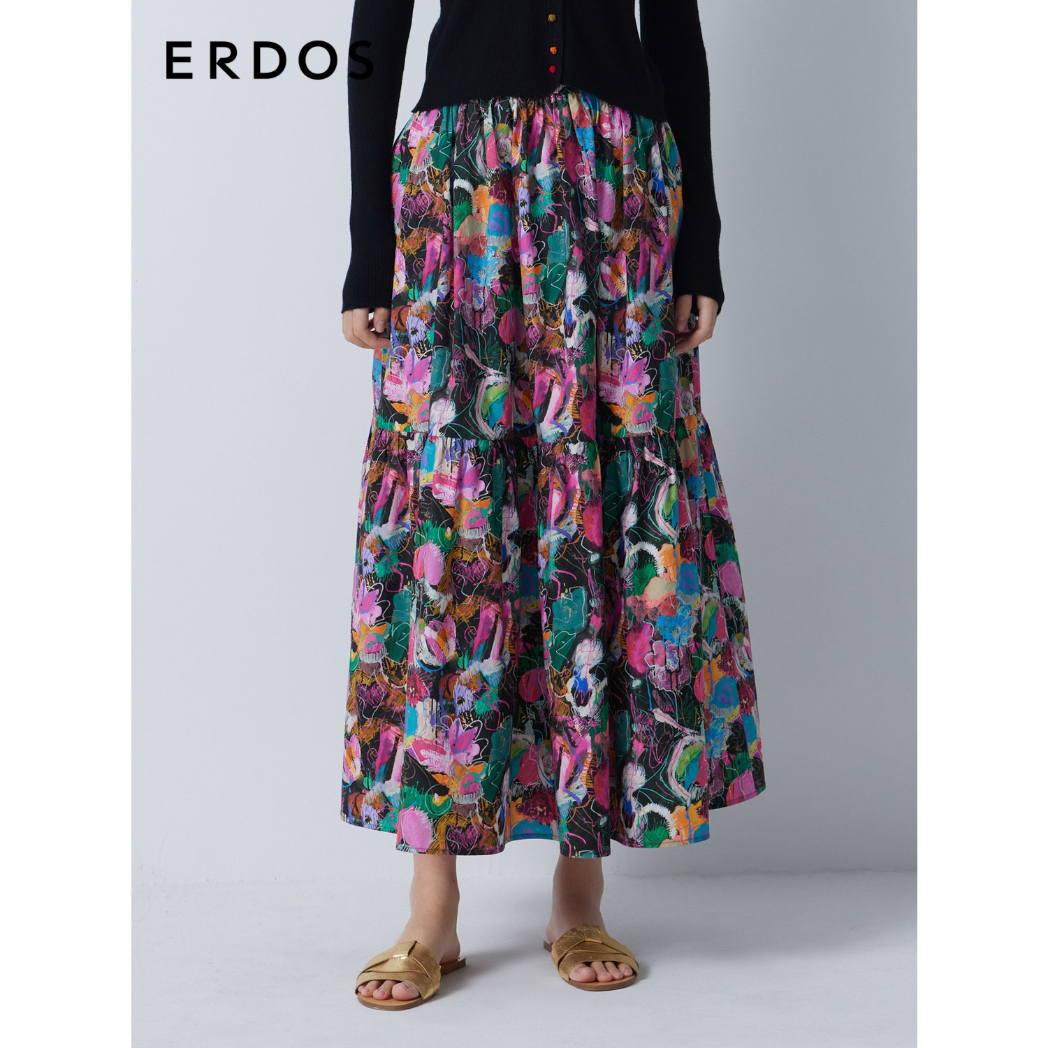 ERDOS 23 autumn new products pure cotton Liberty chopped flowers in long style Fashion 100 Comfortable Cake Half Body Dress-Taobao