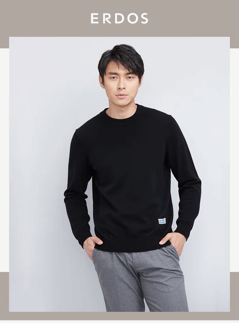 ERDOS mùa thu và mùa đông thông minh phiên bản giới hạn thêu thêu trang trí màu rắn cổ tròn áo len cashmere nam blazer nam