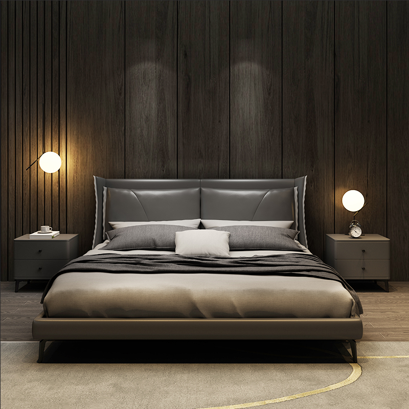 Leather bed genuine leather bed Nordic modern minimalist Fancy Style Light Lavish Internet Red Bed Master Bedroom double tatami wedding bed