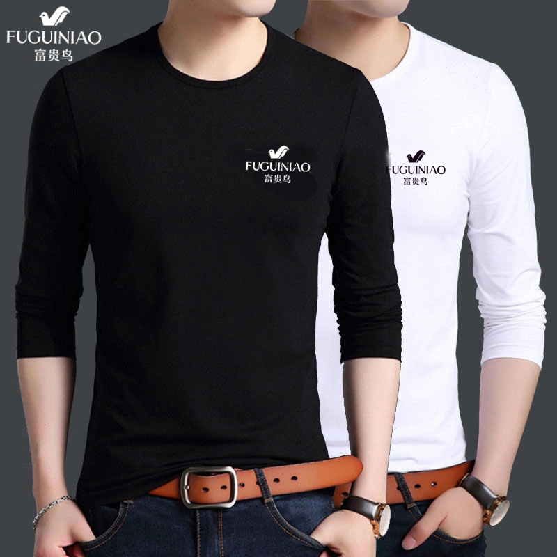 Fuguiniao 100% cotton hai mảnh áo thun dài tay nam mùa xuân và mùa thu đáy áo rộng rãi cộng với size quần áo học sinh mùa thu t - Áo phông dài