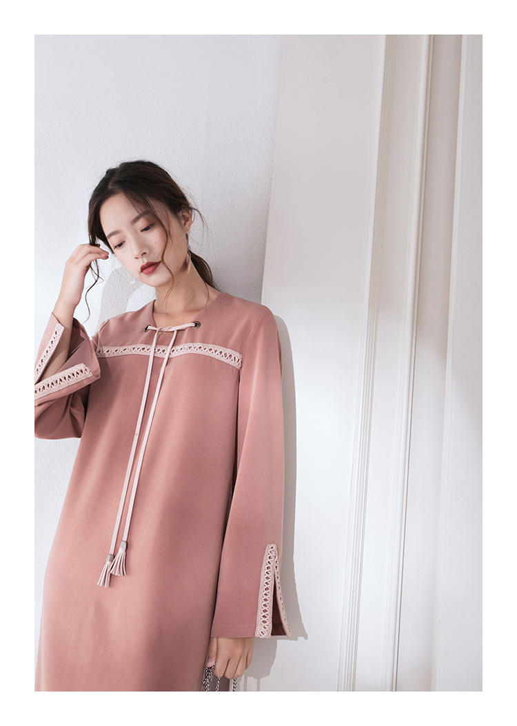 COTRE Thiết kế độc lập Màu xám phấn anh đào Đầm dài tay retro 2018 xuân mới một phần dài từ váy sát nách chữ a