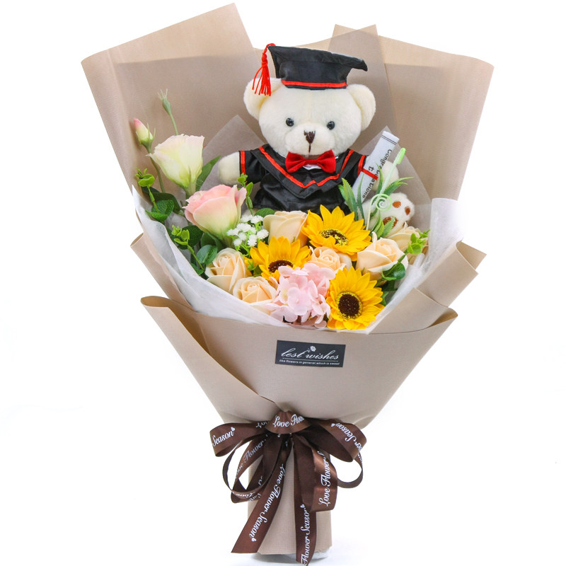 Cartoon bouquet little doctor bear plush doll doll flower soap rose birthday gift holding flowers graduation photo