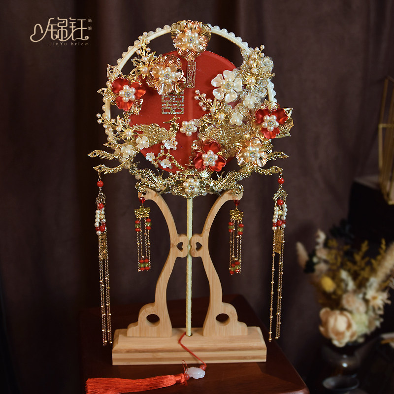 Kinyu bride wedding show and group fan new Chinese ancient wind Heavy hand finished noodles fan red flower group fan-Taobao