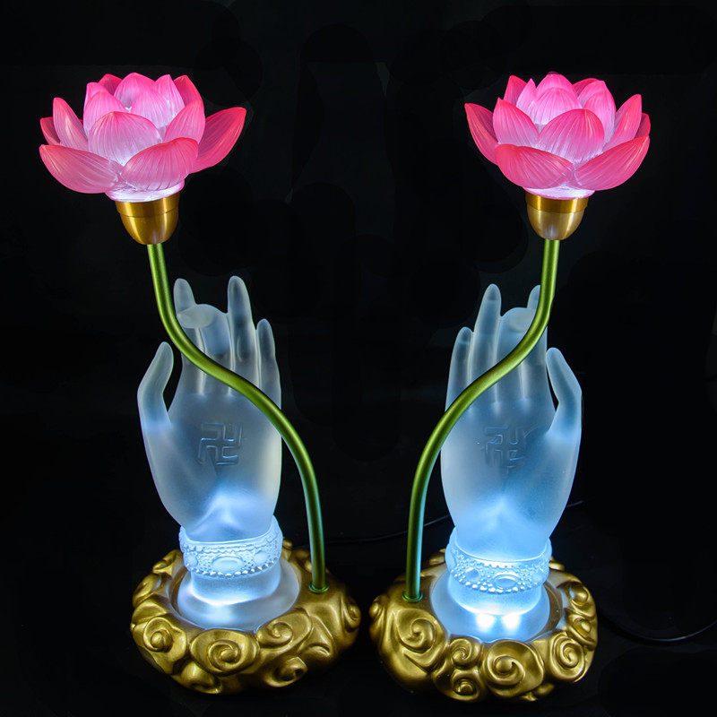Plug-in glazed bergamot LED lotus lamp long light Buddha front lamp Guanyin god desk lamp home Xiantang worship lamp