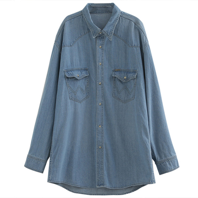 Celebrity Hall Denim Shirt ຂອງແມ່ຍິງພາກຮຽນ spring ແລະດູໃບໄມ້ລົ່ນອອກແບບ niche ແບບຕາເວັນຕົກເປັນເອກະລັກແລະ Chic ເທິງແຂນຍາວເສື້ອສີຟ້າ