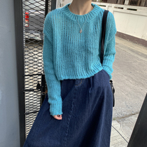 Red Hall short sweater womens 2021 Autumn New High waist loose round neck hollow Joker knit long sleeve shirt