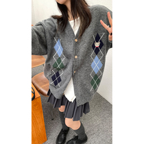 Red Man Pavilion V Collar Sweater Jacket Cardigan Jacket Cardigan Design Sensation Small Crowns Long Sleeve Blouses Sloth Rhomboid-Knitted Cardigan